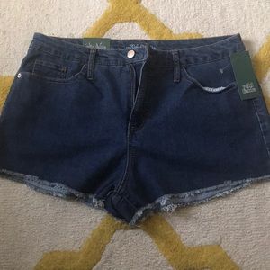 Medium Wash High Rise Blue Denim Frayed Shorts